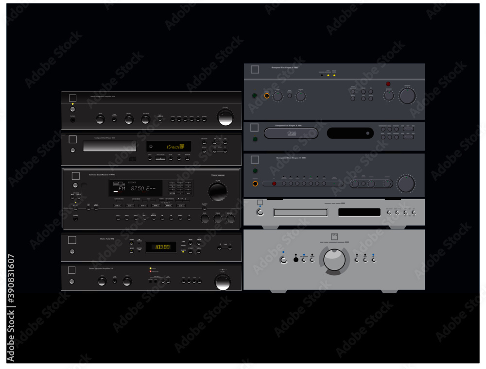 Device for quality sound. Amplifiers, players. Vector image for illustrations. Device for quality sound. Amplifiers, players. Vector image for illustrations.