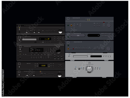 Device for quality sound. Amplifiers, players. Vector image for illustrations.