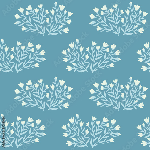 Hand drawn seamless pattern. Flowers in blue tint