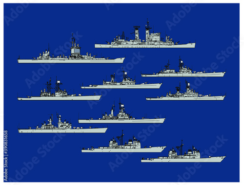 Fényképezés Set of silhouettes of us navy guided missile cruisers