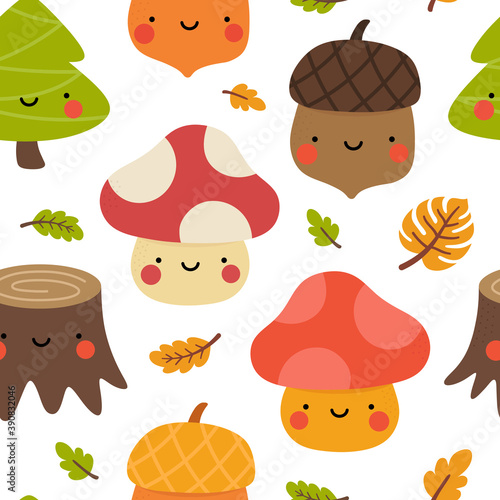 Autumn seamless pattern, cute drawing cartoon characters, vector set of autumn, acorn, snail, pumpkin, pear, mushroom, pine tree. nursery seamless pattern, scandinavian thanksgiving day