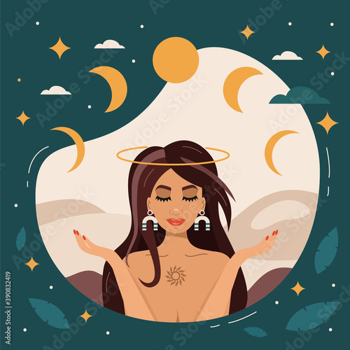 
Cute girl with closed eyes and open palms to the sky. 
Moon phases , clouds and stars. Trendy moonlight  landscape.  Vector illustration