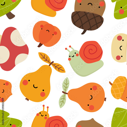 Autumn seamless pattern, cute drawing cartoon characters, vector set of autumn, acorn, snail, pumpkin, pear, mushroom, pine tree. nursery seamless pattern, scandinavian thanksgiving day