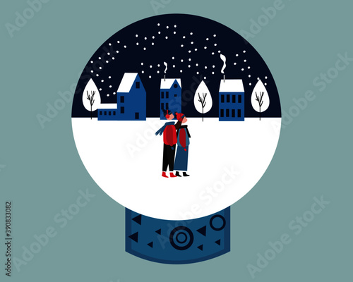 illustration of cristal ball in winter, couple, building, snow