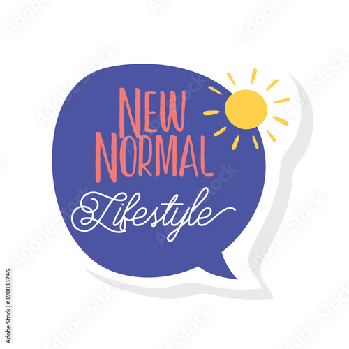 new normal lifestyle lettering campaign with sun and speech bubble