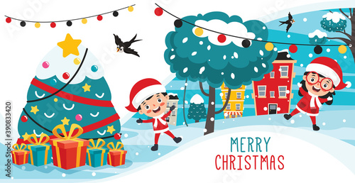 Christmas Greeting Card Design With Cartoon Characters