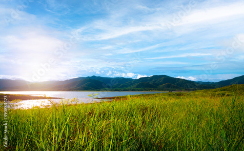 Mountain landscape, picturesque mountain lake in the summer morning