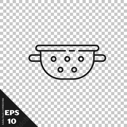 Black line Kitchen colander icon isolated on transparent background. Cooking utensil. Cutlery sign. Vector.