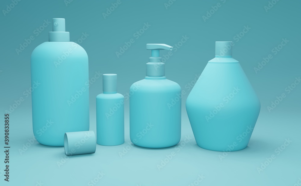 Set of empty realistic package for cosmetic product. Collection of blank template of plastic container. Mockup of packages isolated on sky background.3d illustration. Set of empty realistic package for cosmetic product. Collection of blank template of plastic container. Mockup of packages isolated on sky background.3d illustration.