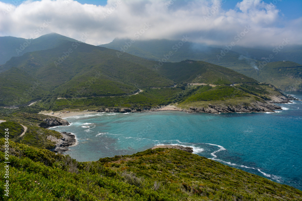 View of Anse d’Aliso, one of the most remote beaches of the western side of Cap Corse, the northern peninsula of the island famous for its wild landscape