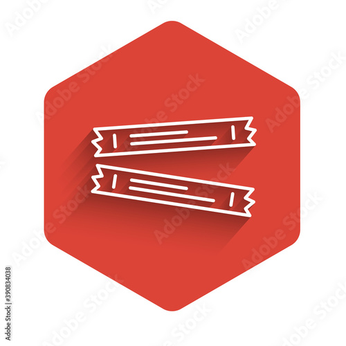 White line Sugar stick packets icon isolated with long shadow. Blank individual package for bulk food products as coffee, salt, spices. Red hexagon button. Vector.