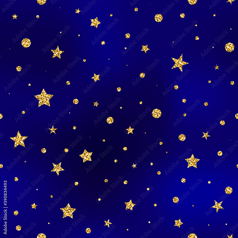 Seamless Glitter Stars vector pattern. Shiny stars, dots on dark blue background. Sparkles for holidays, New Year, Christmas, Birthday. Vector Xmas Magic night illustration for wallpaper, space print