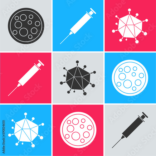 Set Virus, Syringe and Virus icon. Vector.