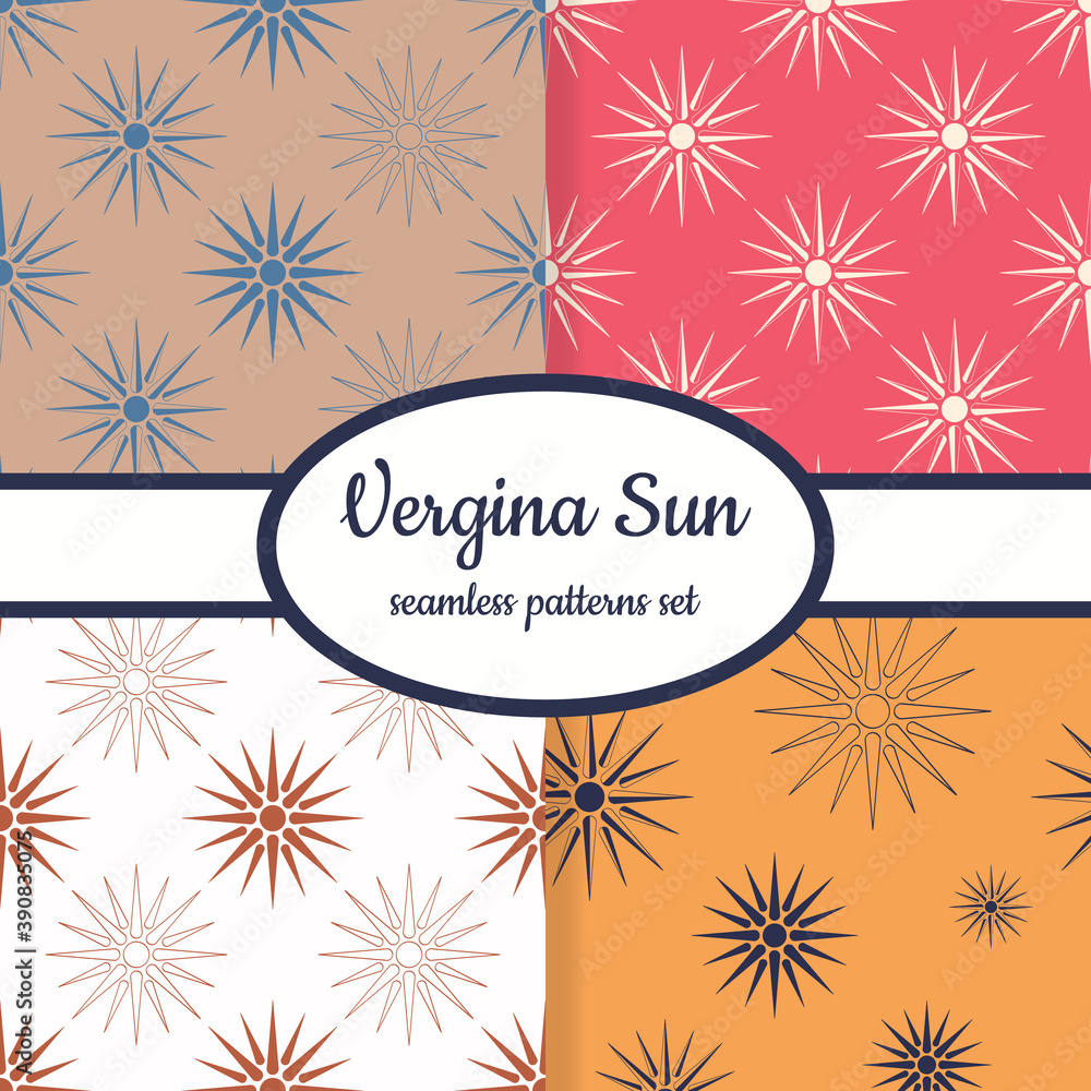 Collection of seamless patterns with ancient solar symbol Vergina Sun designed for web, fabric, paper and all prints 