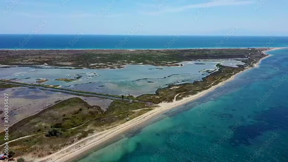Aerial view of idyllic beach in the area of Thessaloniki, Greece, side movement by drone Aerial view of idyllic beach in the area of Thessaloniki, Greece, side movement by drone