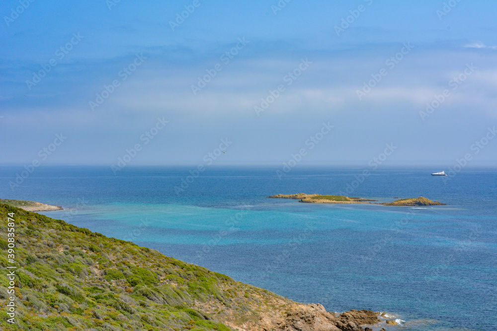 View of the islands of Finocchiarola, Mezzana, A Terra, Peninsula of Cap Corse, Corsica. Uninhabited Islands of Rogliano. France