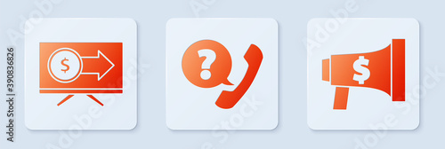 Set Telephone handset and speech bubble chat, Monitor with dollar and Megaphone and dollar. White square button. Vector.