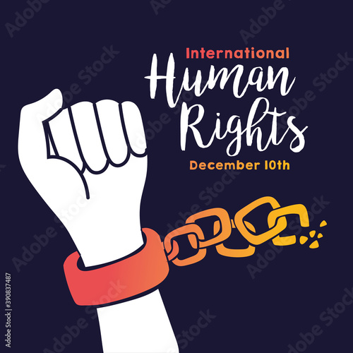human rights campaign lettering with hand breaking chains