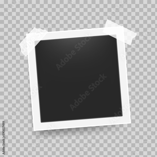 Photo frame with tape. Realistic retro 3D square empty snapshot with white frame and sticky tape on transparent wall, photo booth card, photoframe empty montage template vector memory album design