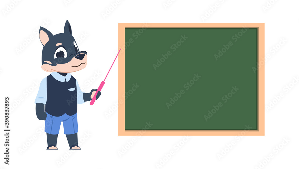 Cartoon dog teacher. Cute animal standing with pointer near blackboard. Gray wolf teaching children in class room, funny mammal in school. Vector education and getting knowledge isolated illustration