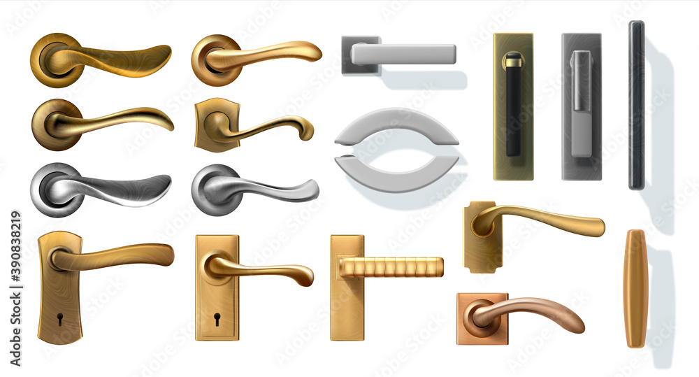 Door handles. 3D realistic metal window furniture, steel, silver and copper lever arm with keyhole. Knob for opening and closing entrance, security and privacy protection. Vector doorway set Door handles. 3D realistic metal window furniture, steel, silver and copper lever arm with keyhole. Knob for opening and closing entrance, security and privacy protection. Vector doorway set