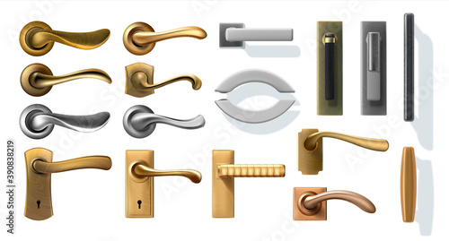 Door handles. 3D realistic metal window furniture, steel, silver and copper lever arm with keyhole. Knob for opening and closing entrance, security and privacy protection. Vector doorway set