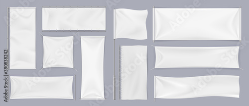Textile banners. Realistic white blank flags, empty canvas template. Collection of horizontal and vertical chrome exhibition stand, place for logo and sport team emblem. Vector advertising pennant set