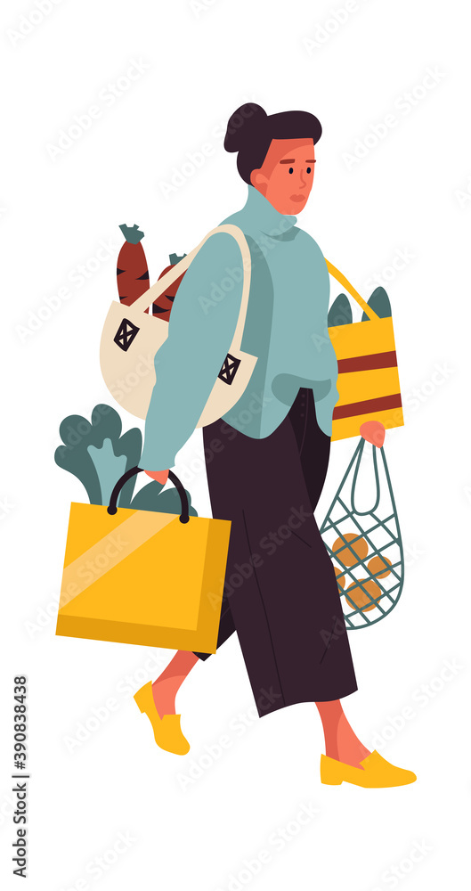 Woman with shopping bags. Cartoon young female walking from greengrocer store. Heavy handbags of food, buying fruits and vegetables. Cozy clothes for making purchase. Vector shop customer illustration