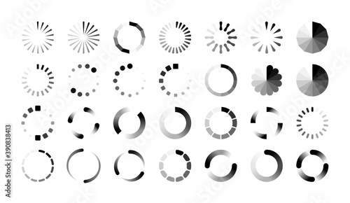 Loader icons. Round progress bar, buffering and data transfer process sign. Black web marks on white background. Collection symbols of upload and download or reboot. Vector loading flat isolated set