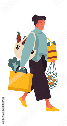Woman with shopping bags. Cartoon young female walking from greengrocer store. Heavy handbags of food, buying fruits and vegetables. Cozy clothes for making purchase. Vector shop customer illustration