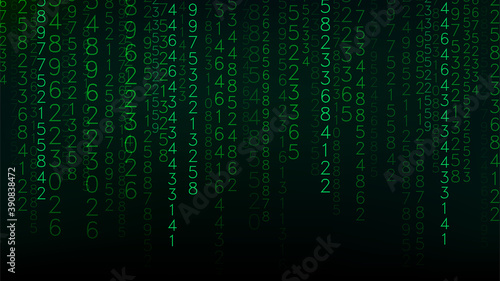 Green matrix background. Stream of binary code. Falling numbers on dark backdrop. Digital computer code. Coding and hacking. Vector illustration. © ihor