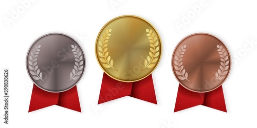 Champion medal with red ribbon. Gold, silver or bronze badges with laurel branches. Sport competition round metal trophies template with copy space. Vector award ceremony or product marking flat set