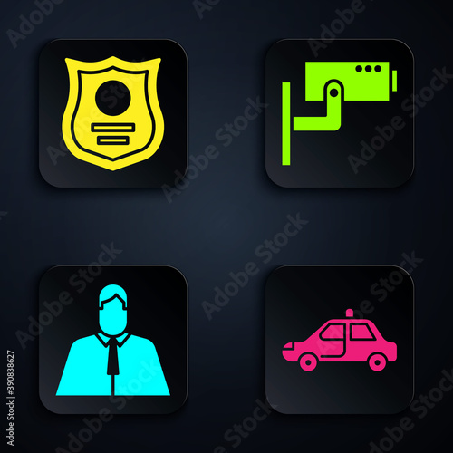 Set Police car and flasher, Police badge, Lawyer, attorney, jurist and Security camera. Black square button. Vector.