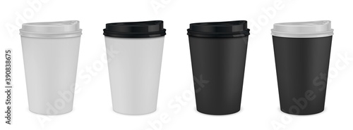 Coffee cup. Realistic white and black paper mug mockup. Disposable cardboard utensil for hot drinks. Blank beverage containers with cafe or bar logo place. Brand identity template, vector barista set