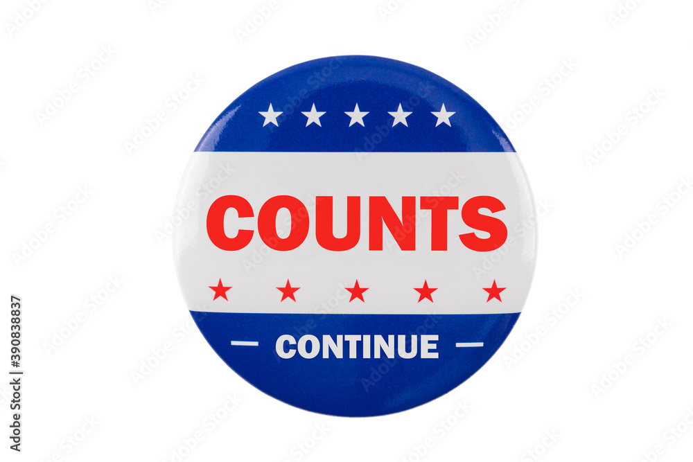 counts continue text on pin isolated on white background to simulate the 2020 presidential election. counts continue text on pin isolated on white background to simulate the 2020 presidential election.