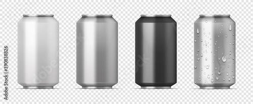 Realistic beer pack. 3D aluminum white, gray and black cans for carbonated drink with water condensation effect. Alcohol or soda beverage container on transparent background. Vector brand identity set
