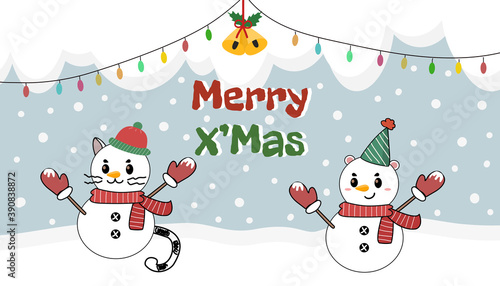 Vector illustration of two cute snowman cosplay by cat and Bear in winter season. Merry Christmas banner. Happy New Year decorations.