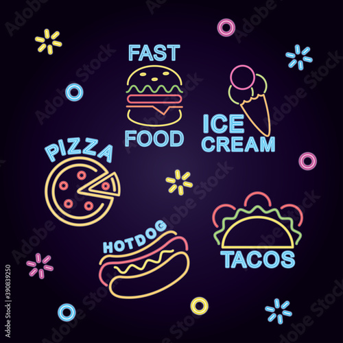 fast food sign and neon signs icon set, colorful design