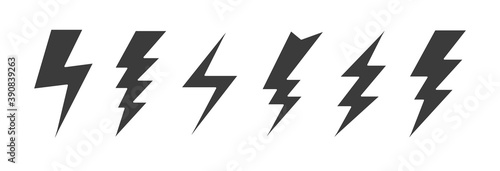 Thunder and bolt lighting flash icons. Electric thunderbolt signs. Recharge element on white background. Collection of black electricity warning symbols, weather forecast tags. Vector isolated set