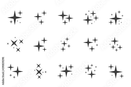 Cartoon twinkle magic star. Sparkle black pictogram. Falling or shooting glitter. Groups of shining lights. Shimmer effect for party decoration or holiday greeting cards. Vector festive flash set