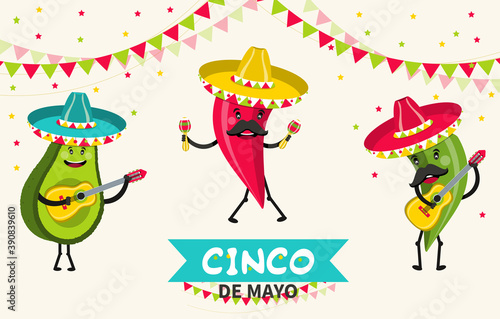 Funny avocado and hot pepper characters. Cinco de Mayo Mexican Holiday. Vector illustration.