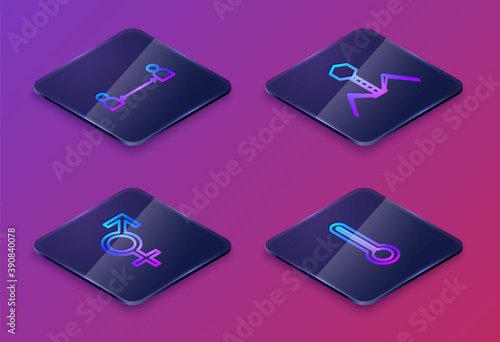 Set Isometric line Safe distance, Gender, Bacteria bacteriophage and Medical thermometer. Blue square button. Vector.