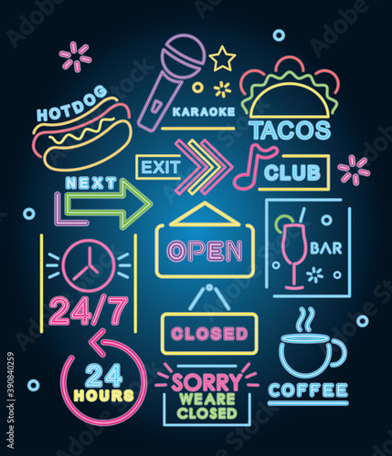 icon set of neon signs, colorful design