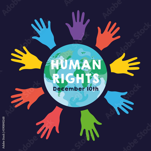 human rights campaign lettering with hands print colors and earth planet