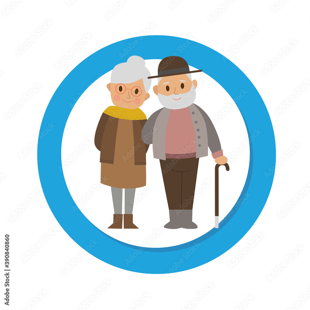 Old people, grandfather and grandmother, coronavirus alert icon. Flat drawn vector illustration, icon