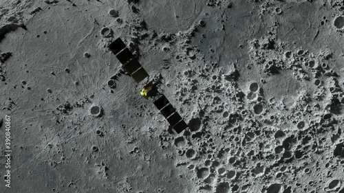 Textured surface of the moon in motion close-up. Satellite moving along the moon. 3D animation. Elements of this image furnished by NASA.