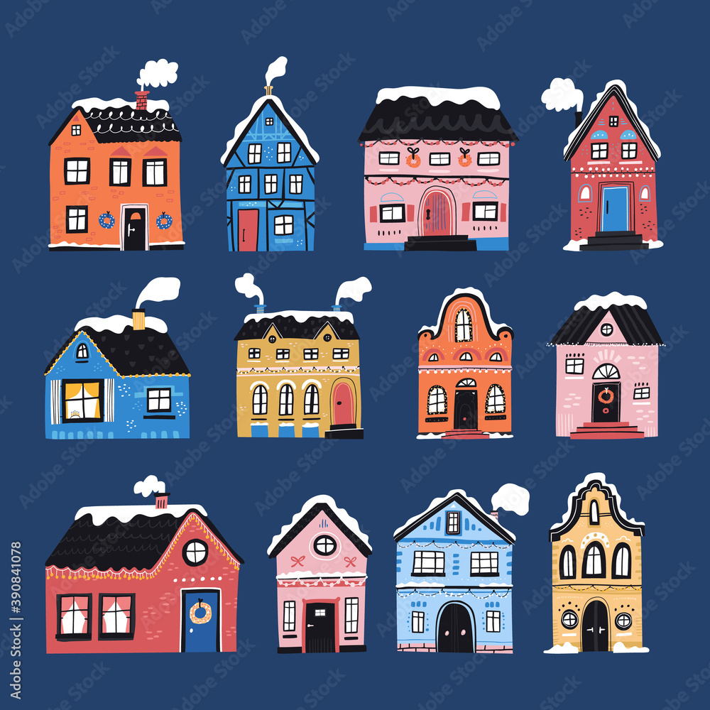 Winter houses and cottages flat illustrations set