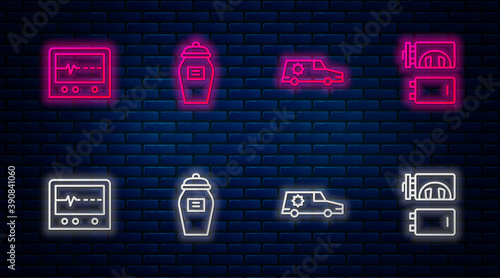 Set line Funeral urn, Hearse car, Beat dead in monitor and Crematorium. Glowing neon icon on brick wall. Vector.