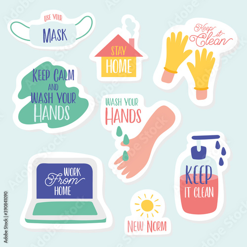 set of campaigns letterings and icons in blue background