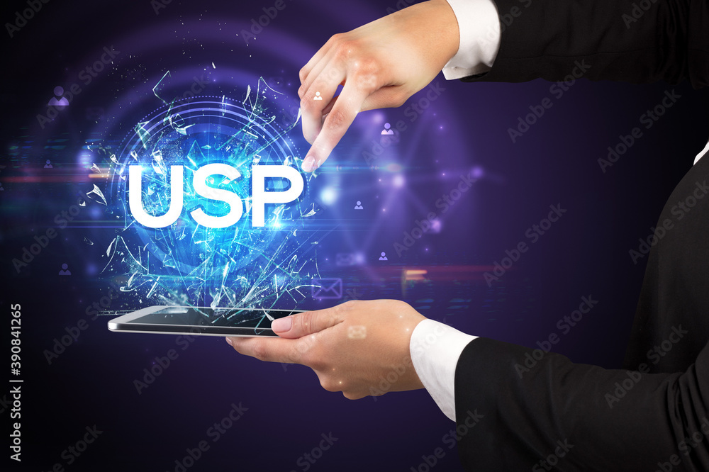 Close-up of a touchscreen with USP abbreviation, modern technology concept Close-up of a touchscreen with USP abbreviation, modern technology concept